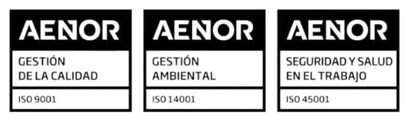 Certificaciones AENOR ISO 9001 de calidad, ISO 14001 de gestión ambiental e ISO 45001 de seguridad y salud laboral de Pérez S.L.